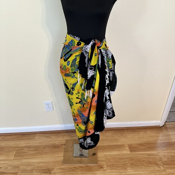 Butterfly Print Scarf Shawl Sarong Black Yellow Orange Tropical Resort Wear - Picture 2 of 7